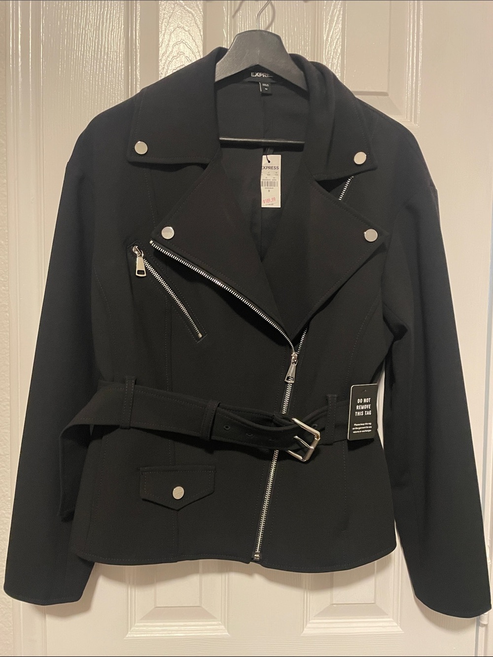 Express Black Belted Moto Jacket with Silver Hardware